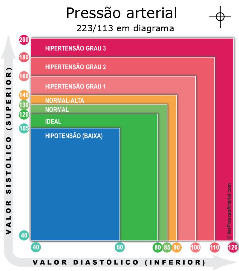 Pressão arterial 223 por 113 em diagrama