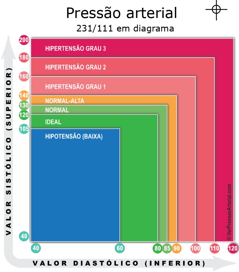 Pressão arterial 231 por 111 em diagrama
