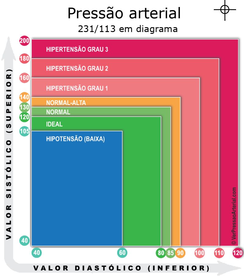 Pressão arterial 231 por 113 em diagrama