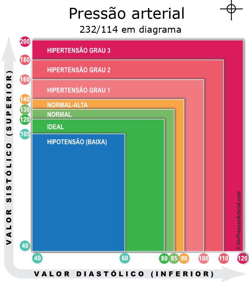Pressão arterial 232 por 114 em diagrama