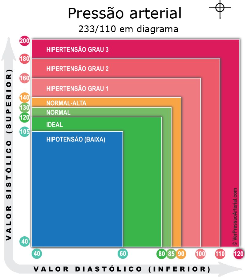 Pressão arterial 233 por 110 em diagrama