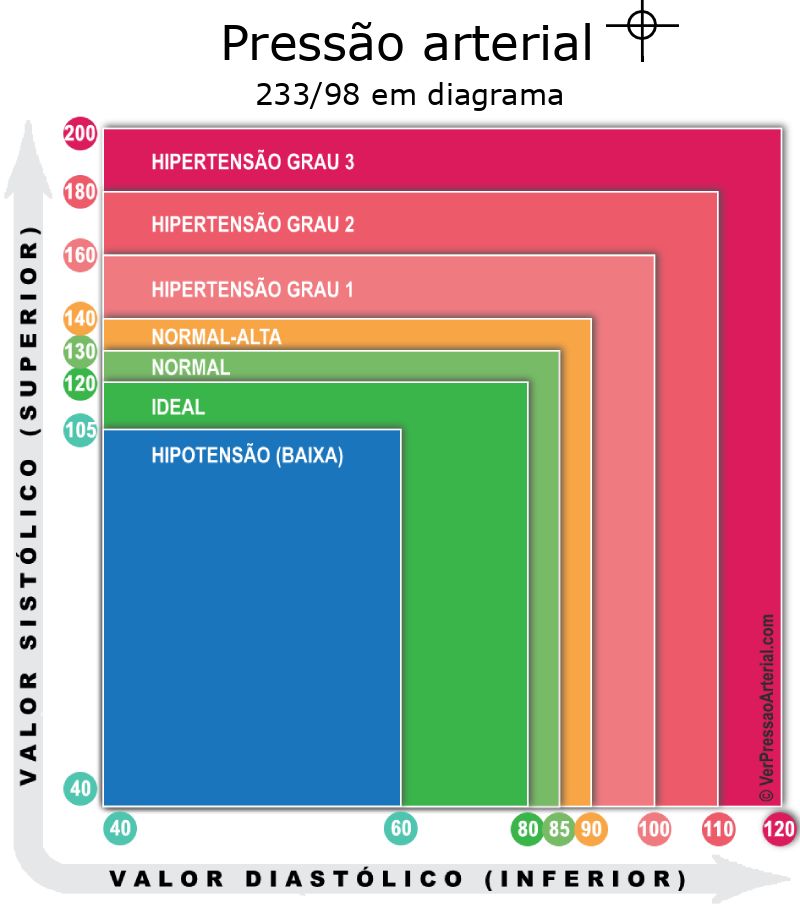 Pressão arterial 233 por 98 em diagrama